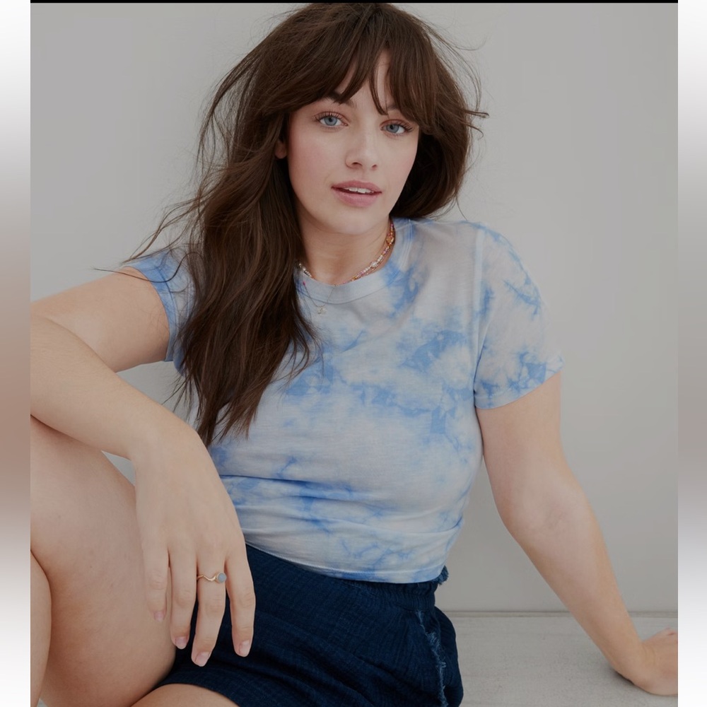 BNWT Aerie Sky Blue Tie Dye Keyhole Circle Back Cinched/Tied Crop Top Tee